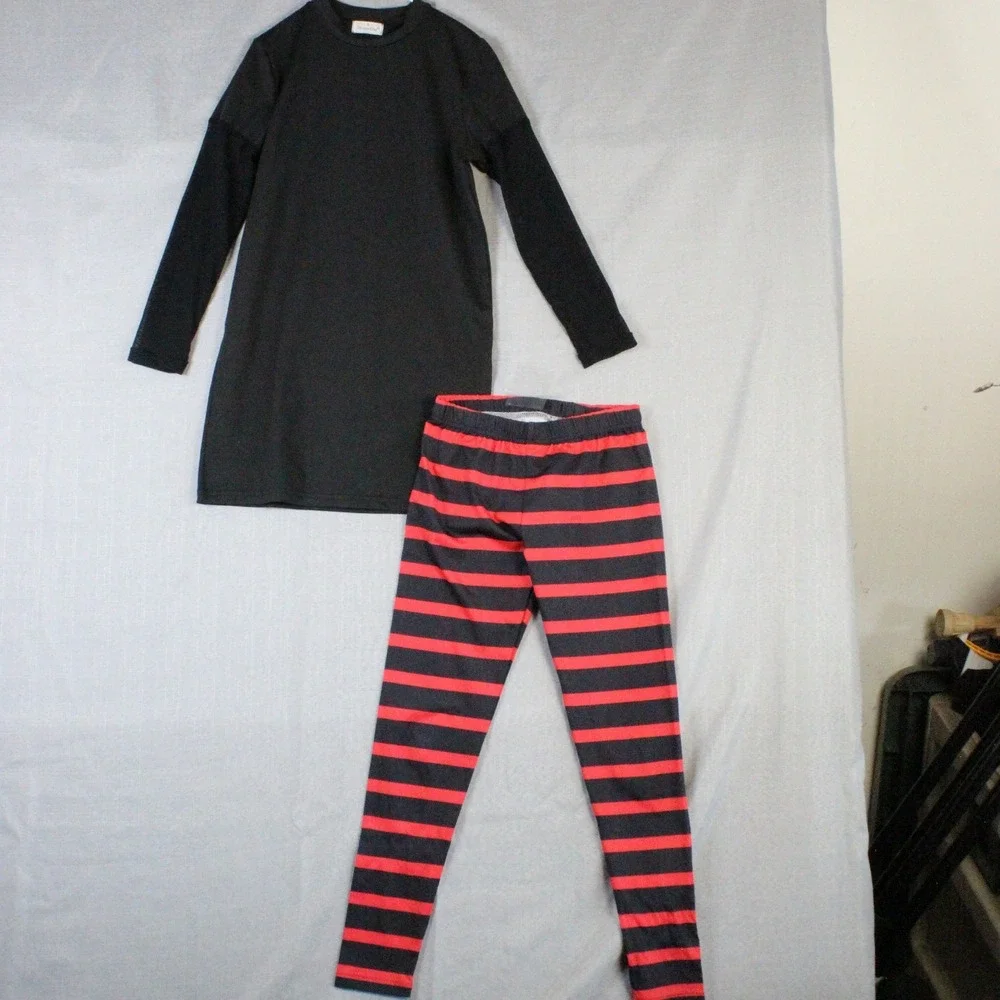 BesserBay Kids Tunic Leggings Set Medium Black Red Striped Streetwear Gorpcore